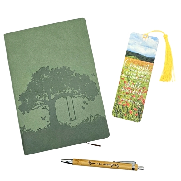Inspirational Journal Set Tree of Life Faux Leather Pen Christian Bookmark Green - Picture 1 of 12